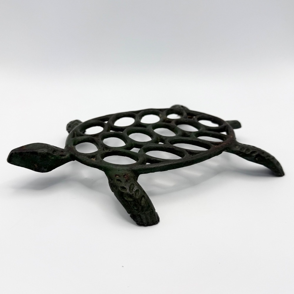 Vintage Cast Iron Turtle Trivet Green  Metal Sea Life Decor Coastal Rustic 7.5"